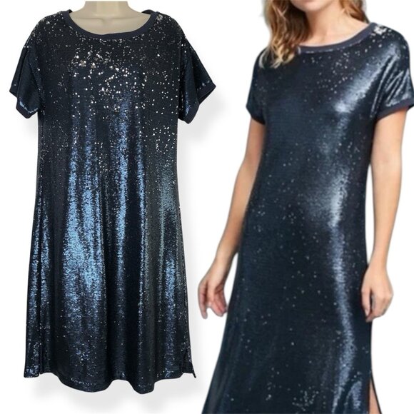 Moulinette Soeus Navy Blue Sequin Midi Knee Dress Size S Cocktail Party New Year - Picture 1 of 12